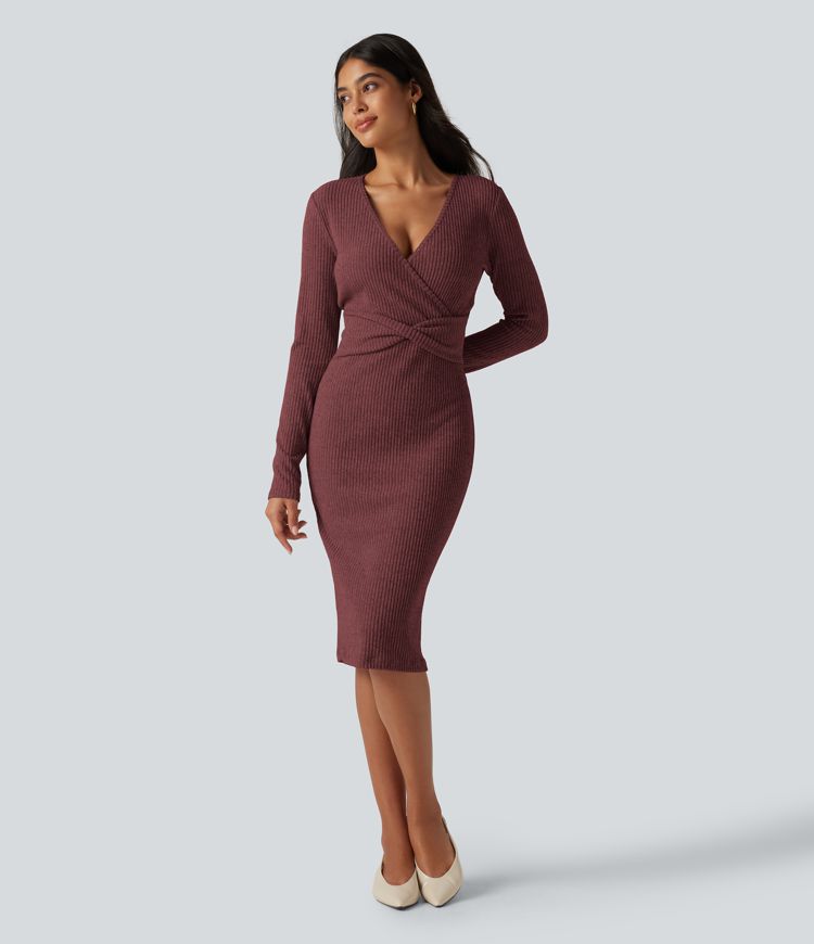 Robe midi moulante en maille côtelée à col V et manches longues