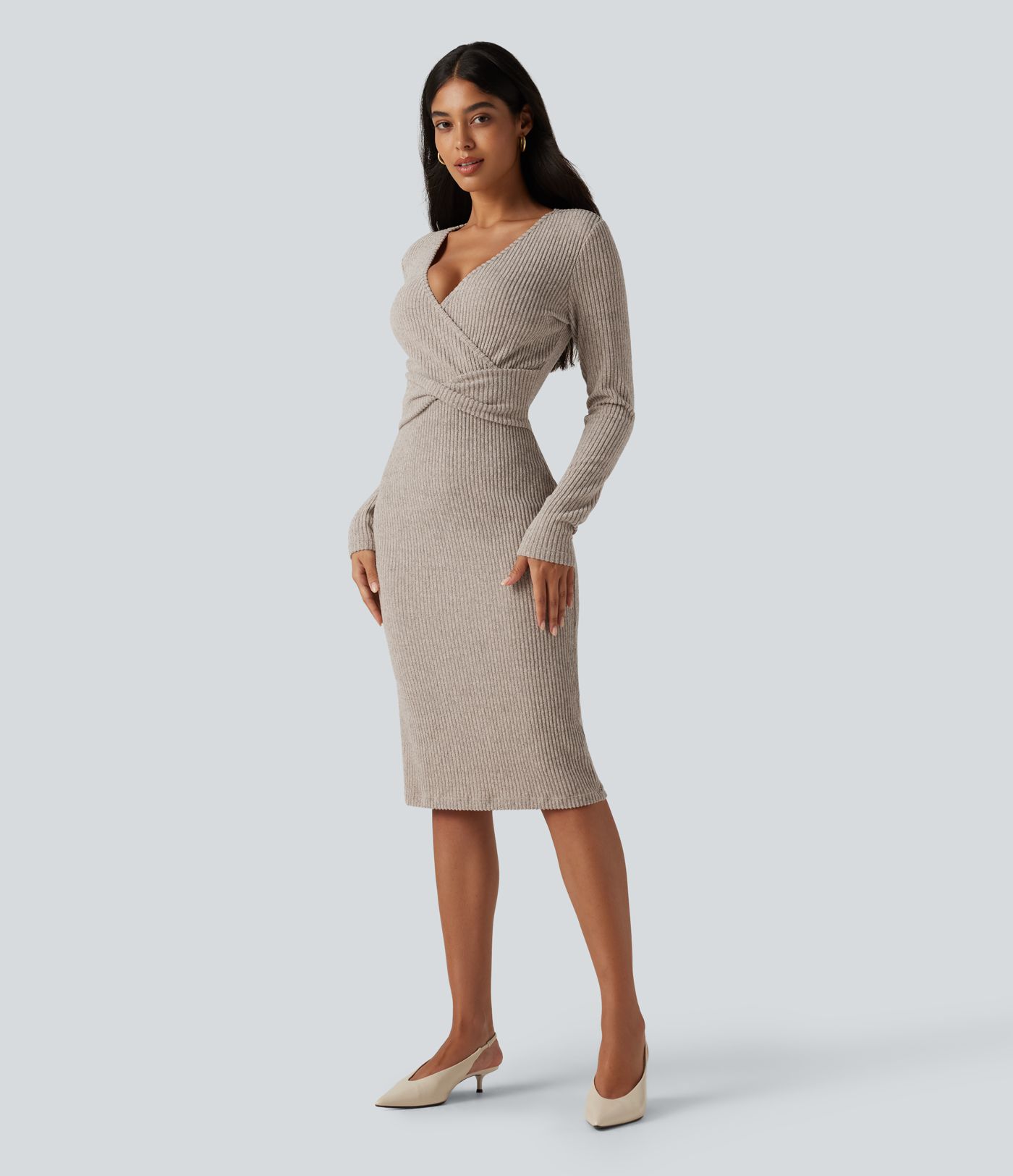 Ribbed Knit V Neck Long Sleeve Bodycon Mini Casual Dress Ribbed Knit V Neck Long Sleeve Bodycon Mini Casual Dress