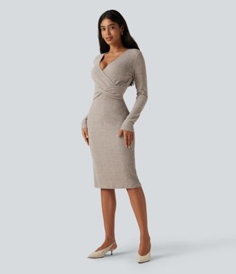 Ribbed Knit V Neck Long Sleeve Bodycon Mini Casual Dress Ribbed Knit V Neck Long Sleeve Bodycon Mini Casual Dress