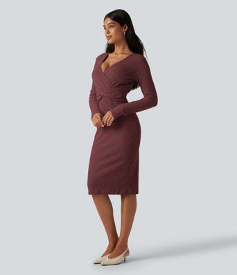 Robe midi moulante en maille côtelée à col V et manches longues