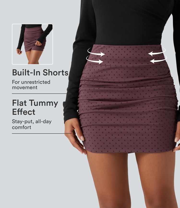 High Waisted Tummy Control Ruched Curved Hem 2-in-1 Polka Dot Velvet Mini Bodycon Skirt High Waisted Tummy Control Ruched Curved Hem 2-in-1 Polka Dot Velvet Mini Bodycon Skirt