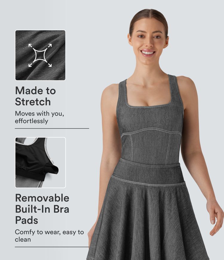 Halara Flex™ body de tennis en denim délavé InstantCool à encolure carrée et dos nageur Halara Flex™ body de tennis en denim délavé InstantCool à encolure carrée et dos nageur