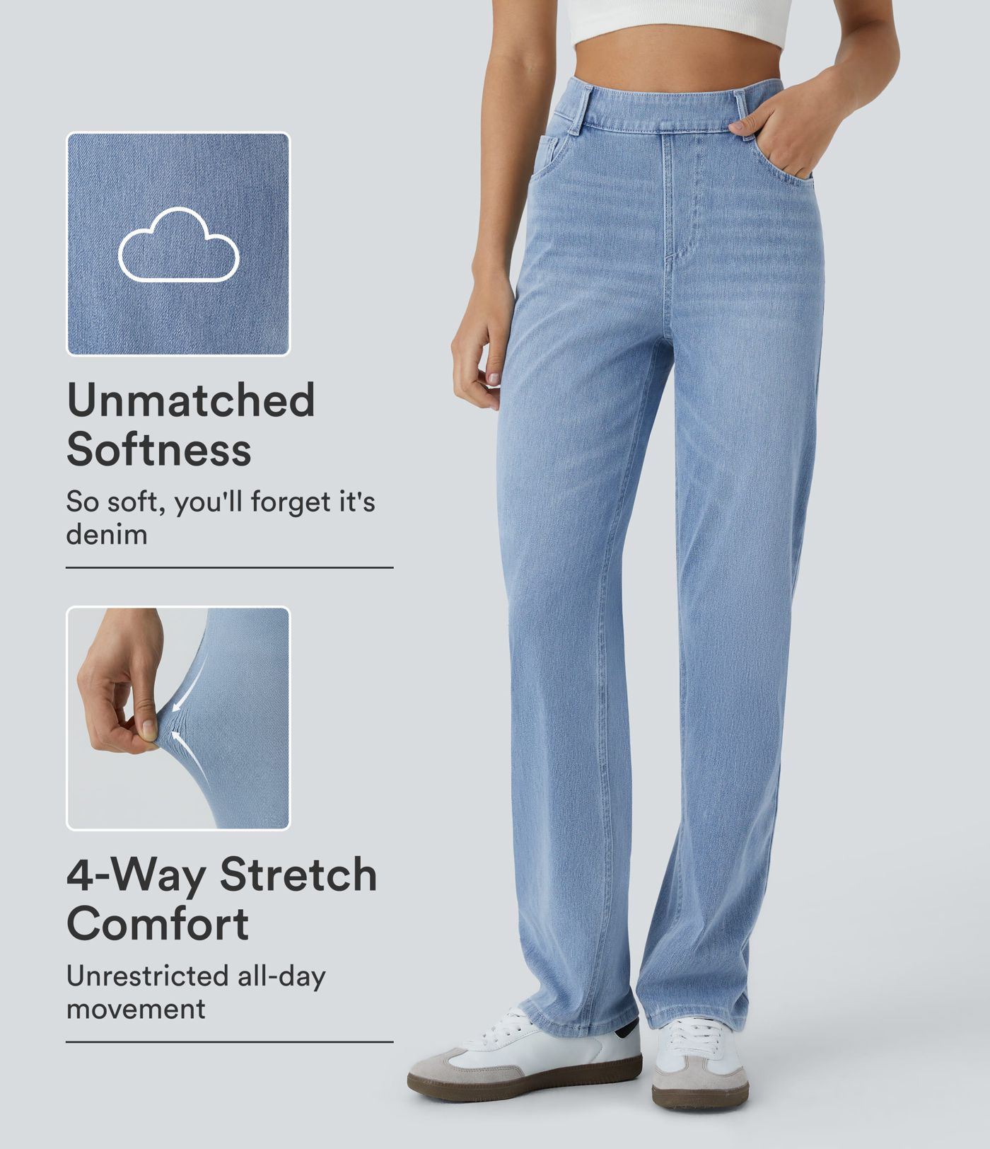 Halara Flex™ jean décontracté taille haute avec poches, coupe droite, finition Cool Touch, délavé Halara Flex™ jean décontracté taille haute avec poches, coupe droite, finition Cool Touch, délavé