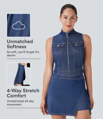 Halara Flex™ Stand Collar Zipper InstantCool Washed Denim Tennis Tank Top Halara Flex™ Stand Collar Zipper InstantCool Washed Denim Tennis Tank Top