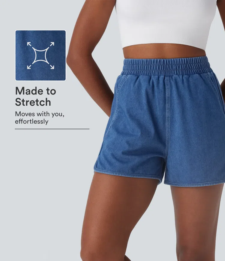 Indigo Mid Blue Denim Halara Flex™ High Waisted Curved Hem InstantCool Washed Denim Casual Shorts with Pockets / 1