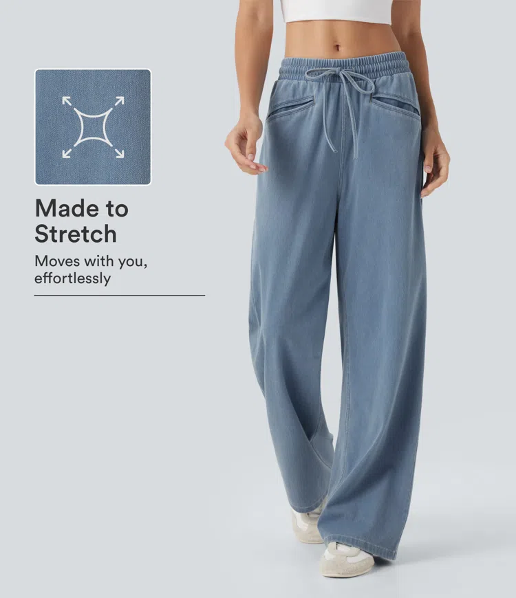 Malibu Blue Denim Halara Flex™ High Waisted Drawstring Wide Leg InstantCool Stretchy Knit Casual Sweatpants Jeans with Pockets / 1