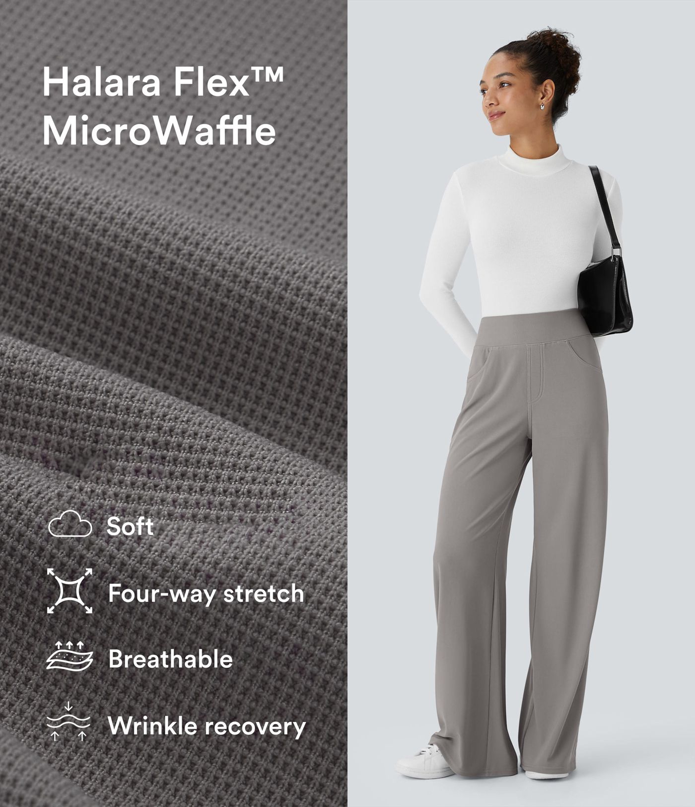 Halara Flex™ Pantalon de travail taille haute gainant, avec poches, jambe large ample en micro-gaufre Halara Flex™ Pantalon de travail taille haute gainant, avec poches, jambe large ample en micro-gaufre