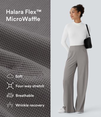 Halara Flex™ Pantalon de travail taille haute gainant, avec poches, jambe large ample en micro-gaufre Halara Flex™ Pantalon de travail taille haute gainant, avec poches, jambe large ample en micro-gaufre