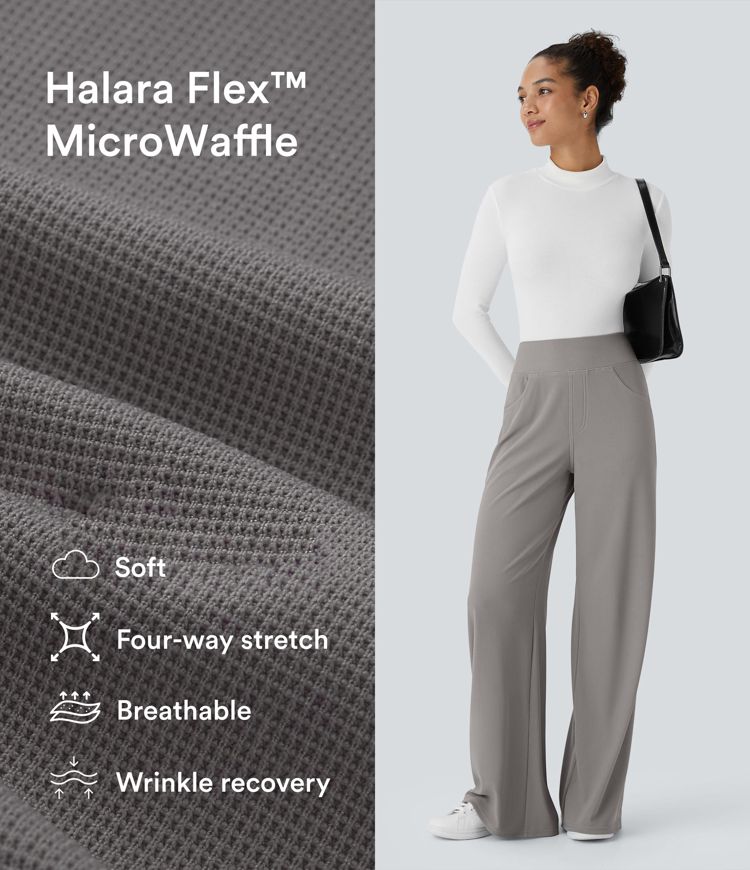 Halara Flex™ Pantalon de travail taille haute gainant, avec poches, jambe large ample en micro-gaufre Halara Flex™ Pantalon de travail taille haute gainant, avec poches, jambe large ample en micro-gaufre
