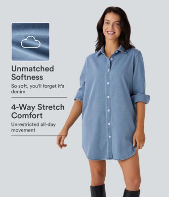 Halara Flex™ Curved Hem Relax Mini InstantCool Denim Casual Shirt Dress with Pockets