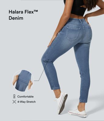 Halara Flex™ Skinny-Jeans aus elastischem Denim im 5-Pocket-Style mit mittelhohem Bund und Knöpfe-Reißverschluss