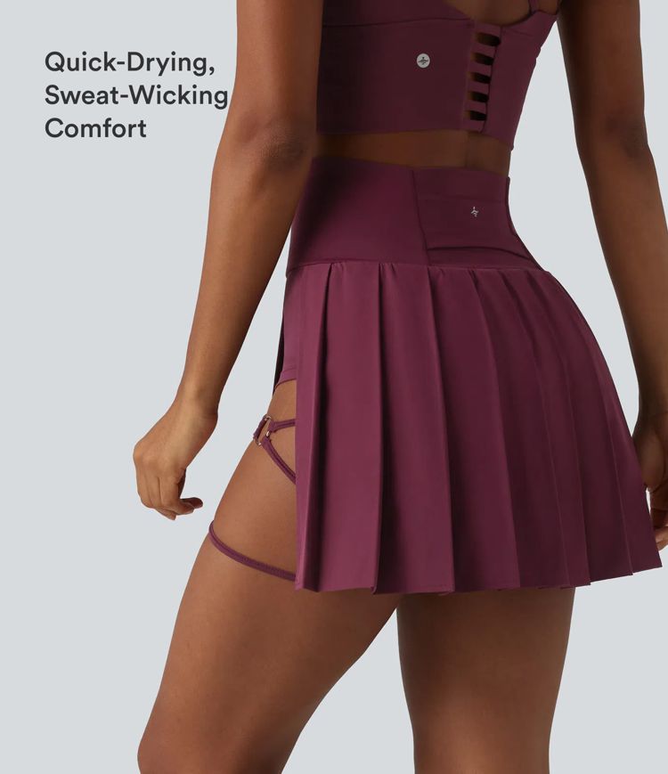 Breezeful™ Mini-Tanzrock mit hohem Bund, plissiert, 2-in-1, asymmetrischem Saum, schnelltrocknend, mit Taschen – längere Länge