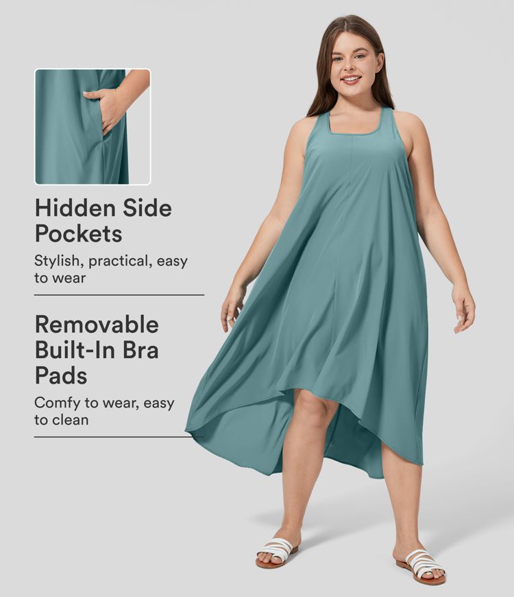 Breezeful™ Backless Racerback Side Pocket High Low Flowy Midi Quick Dry Casual Plus Size Dress Breezeful™ Backless Racerback Side Pocket High Low Flowy Midi Quick Dry Casual Plus Size Dress