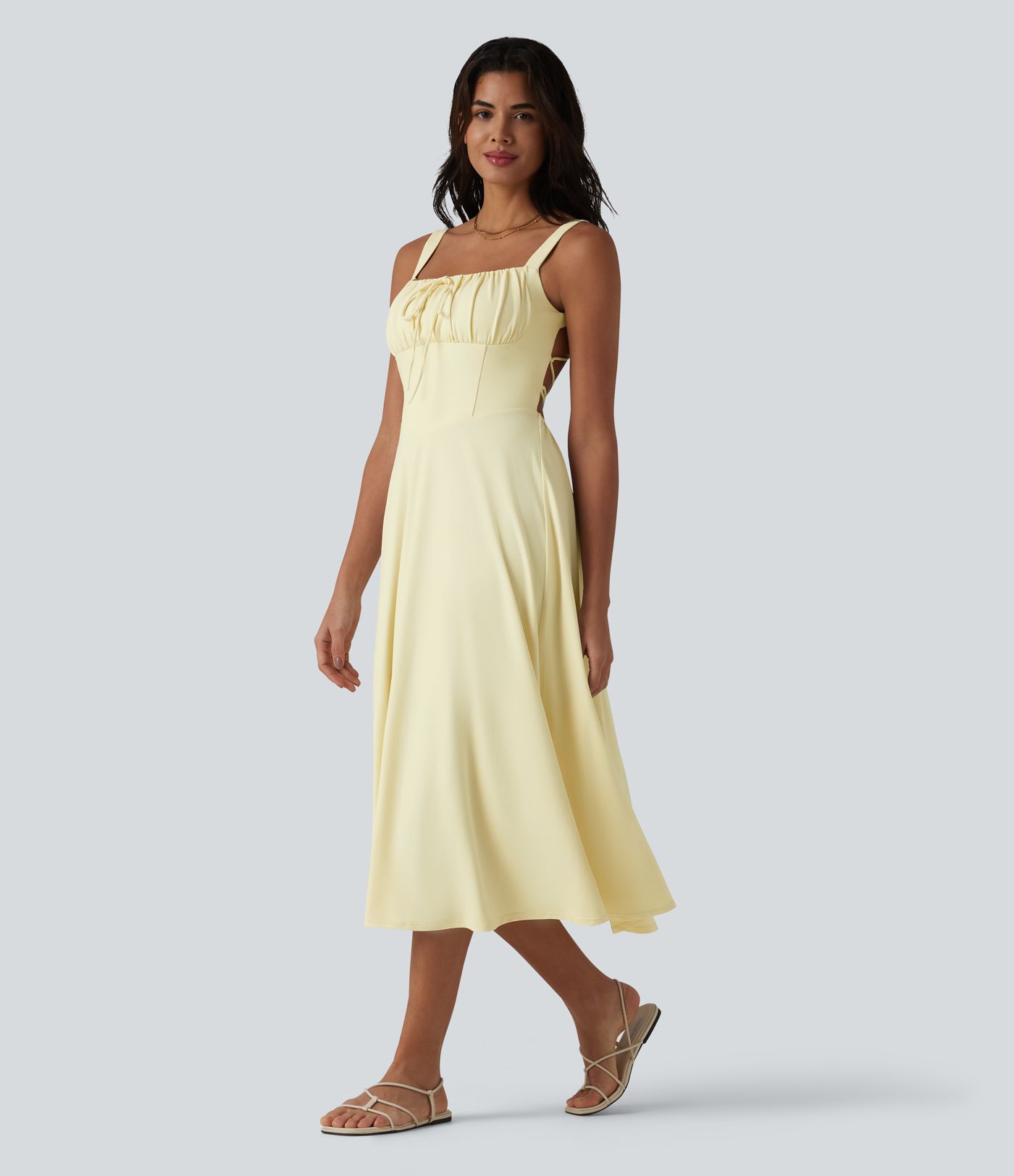 Crisscross Backless Square Neck Sleeveless Ruched Built-in Bra Midi Resort Flowy Milkmaid Dress Crisscross Backless Square Neck Sleeveless Ruched Built-in Bra Midi Resort Flowy Milkmaid Dress