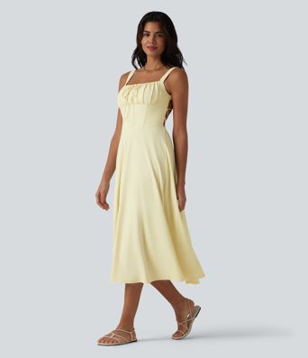 Crisscross Backless Square Neck Sleeveless Ruched Built-in Bra Midi Resort Flowy Milkmaid Dress Crisscross Backless Square Neck Sleeveless Ruched Built-in Bra Midi Resort Flowy Milkmaid Dress
