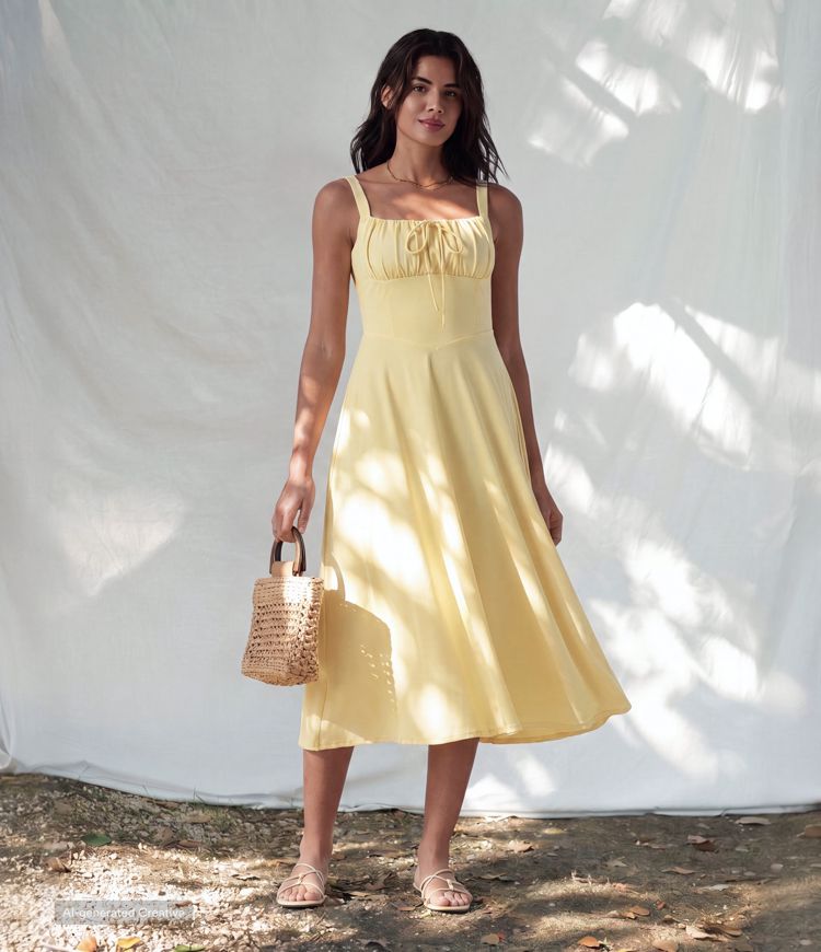 Robe midi fluide style milkmaid pour les vacances, encolure carrée, sans manches, dos nu à lanières croisées, froncée, avec soutien-gorge intégré Robe midi fluide style milkmaid pour les vacances, encolure carrée, sans manches, dos nu à lanières croisées, froncée, avec soutien-gorge intégré