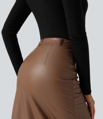 High Waisted Ruched Slit Hem Fleece PU Midi Bodycon Party Skirt High Waisted Ruched Slit Hem Fleece PU Midi Bodycon Party Skirt