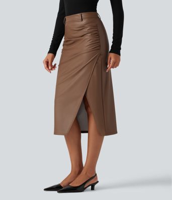 High Waisted Ruched Slit Hem Fleece PU Midi Bodycon Party Skirt High Waisted Ruched Slit Hem Fleece PU Midi Bodycon Party Skirt