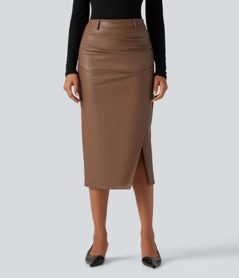 High Waisted Ruched Slit Hem Fleece PU Midi Bodycon Party Skirt High Waisted Ruched Slit Hem Fleece PU Midi Bodycon Party Skirt