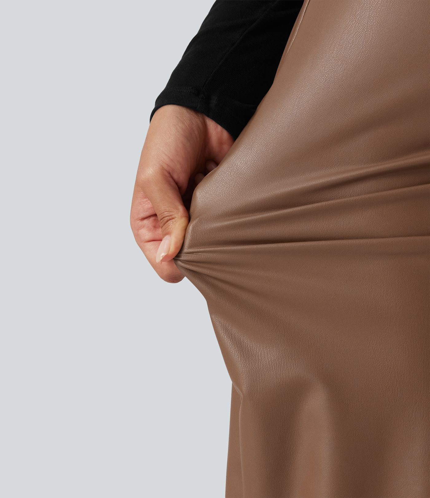 High Waisted Ruched Slit Hem Fleece PU Midi Bodycon Party Skirt High Waisted Ruched Slit Hem Fleece PU Midi Bodycon Party Skirt
