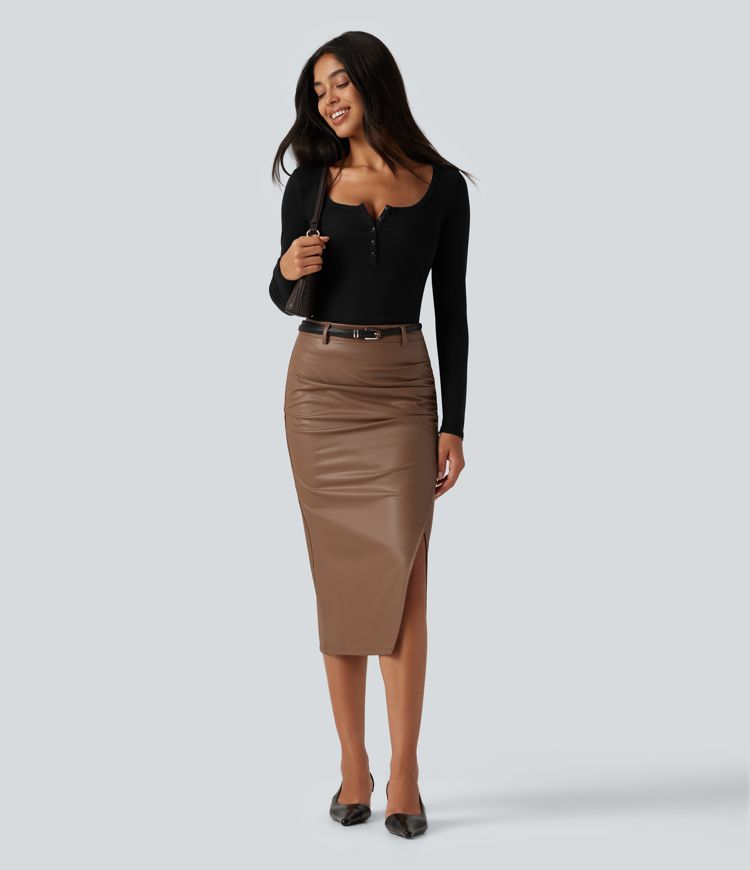 High Waisted Ruched Slit Hem Fleece PU Midi Bodycon Party Skirt High Waisted Ruched Slit Hem Fleece PU Midi Bodycon Party Skirt