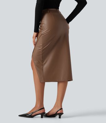 High Waisted Ruched Slit Hem Fleece PU Midi Bodycon Party Skirt High Waisted Ruched Slit Hem Fleece PU Midi Bodycon Party Skirt