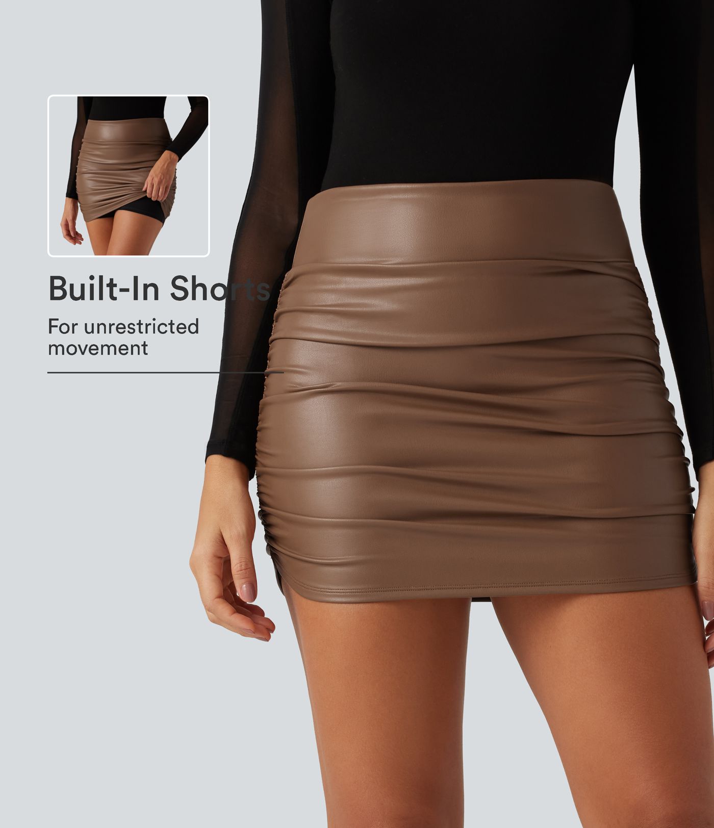 High Waisted Ruched Curved Hem 2-in-1 Fleece PU Mini Bodycon Skirt High Waisted Ruched Curved Hem 2-in-1 Fleece PU Mini Bodycon Skirt