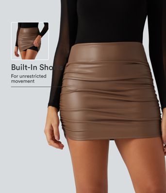 High Waisted Ruched Curved Hem 2-in-1 Fleece PU Mini Bodycon Skirt High Waisted Ruched Curved Hem 2-in-1 Fleece PU Mini Bodycon Skirt