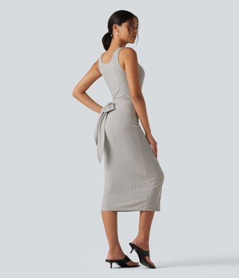 Ribbed Knit U Neck Sleeveless Heathered Bodycon Midi Casual Dress Ribbed Knit U Neck Sleeveless Heathered Bodycon Midi Casual Dress