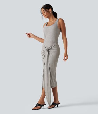 Ribbed Knit U Neck Sleeveless Heathered Bodycon Midi Casual Dress Ribbed Knit U Neck Sleeveless Heathered Bodycon Midi Casual Dress