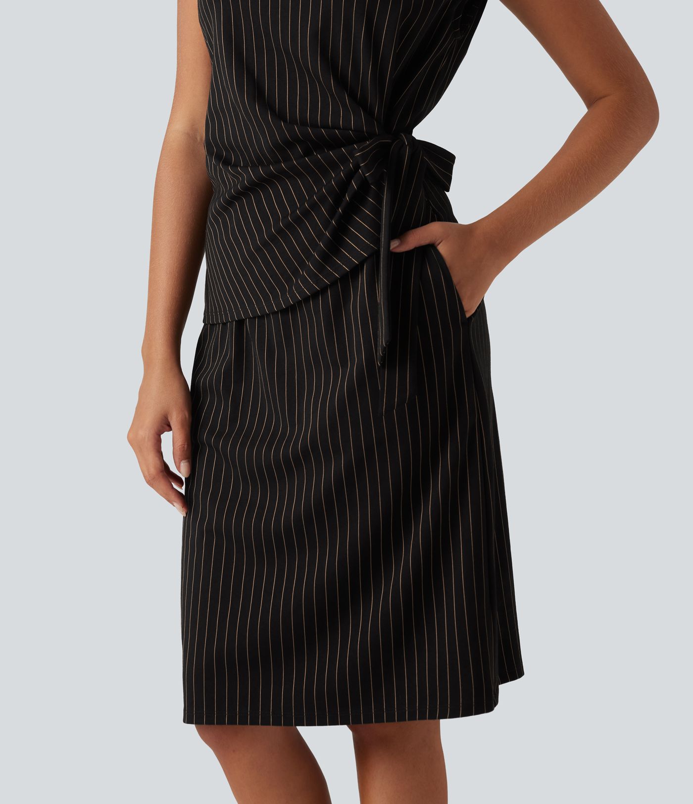 Boat Neck Sleeveless Tie Side Stripe Midi Work Dress with Pockets