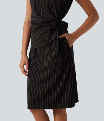 Boat Neck Sleeveless Tie Side Stripe Midi Work Dress with Pockets