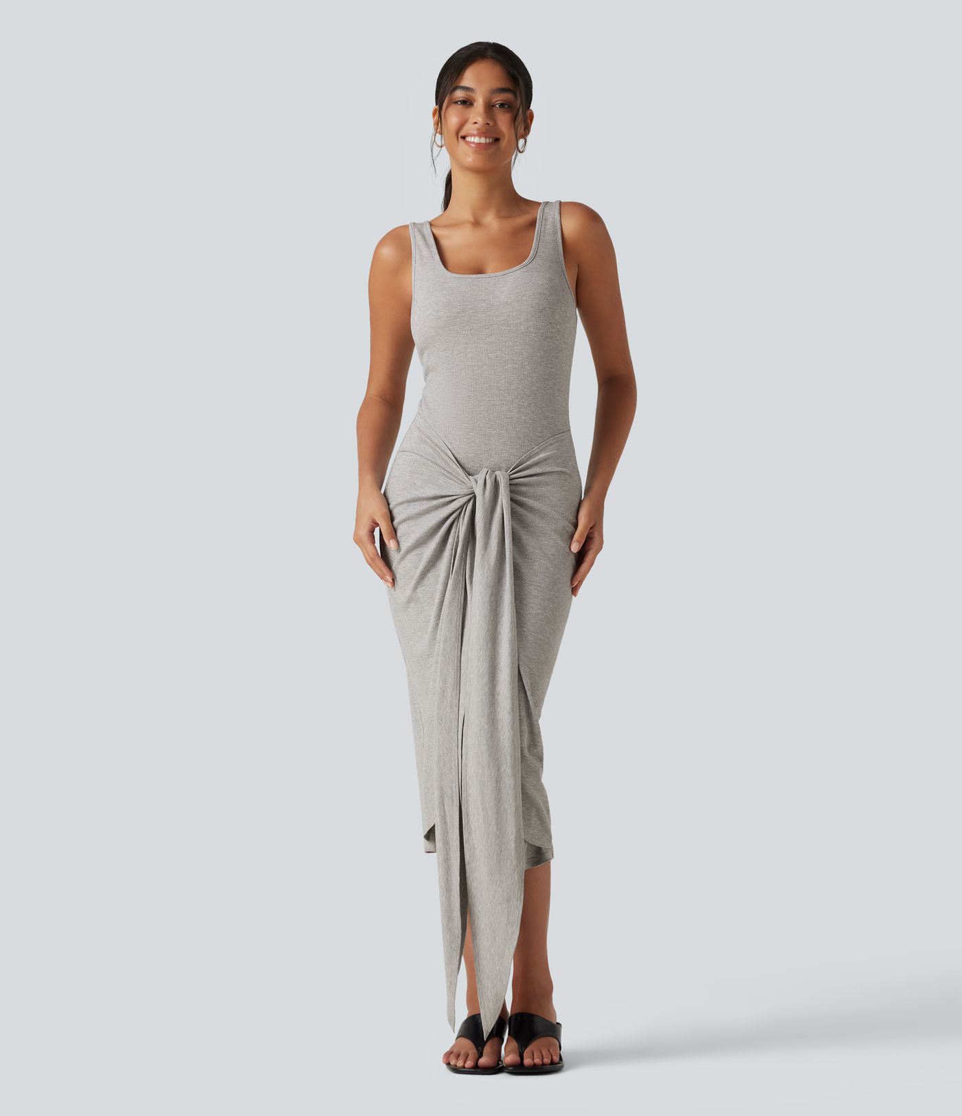 Ribbed Knit U Neck Sleeveless Heathered Bodycon Midi Casual Dress Ribbed Knit U Neck Sleeveless Heathered Bodycon Midi Casual Dress