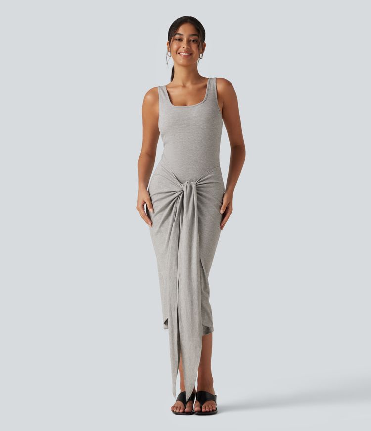 Ribbed Knit U Neck Sleeveless Heathered Bodycon Midi Casual Dress Ribbed Knit U Neck Sleeveless Heathered Bodycon Midi Casual Dress