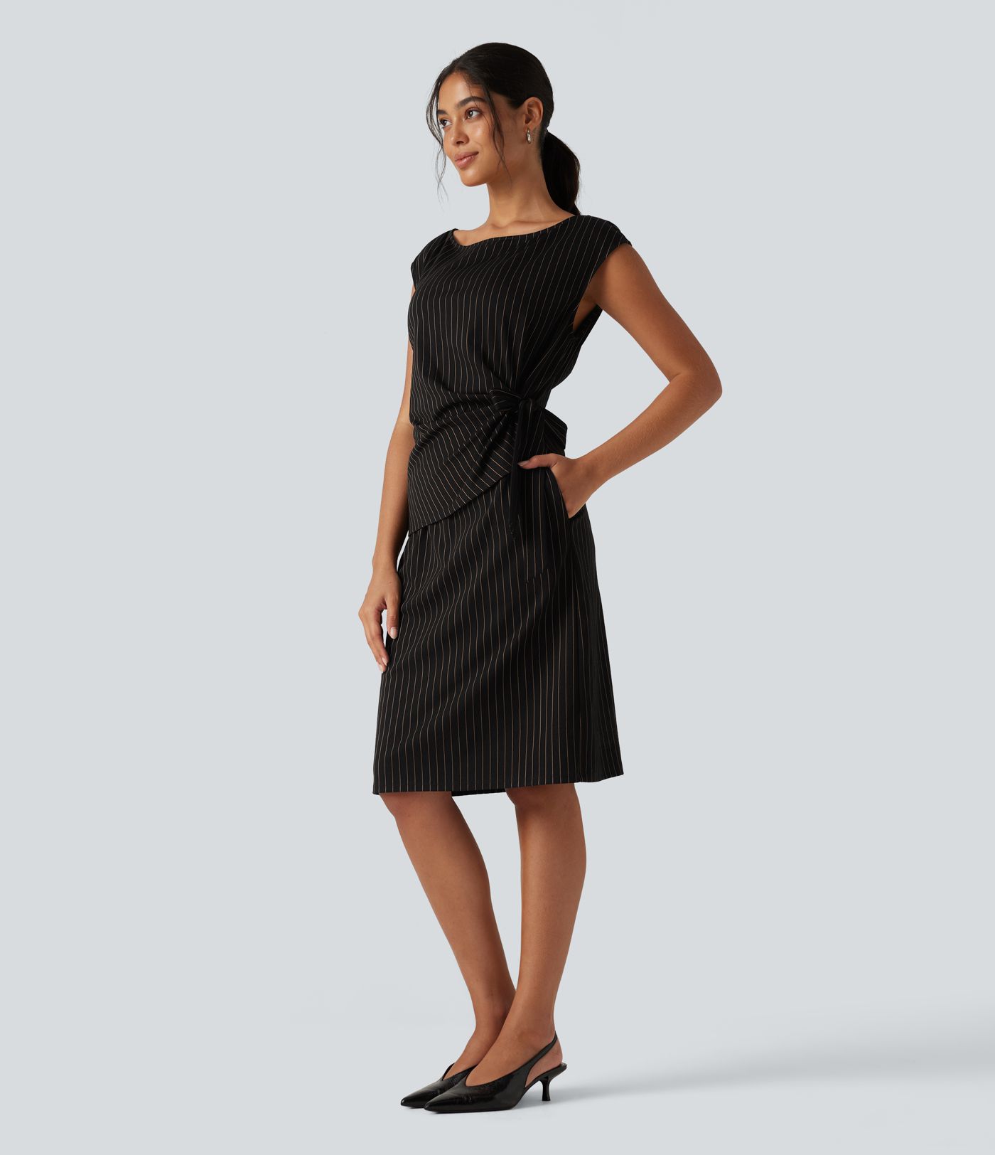 Boat Neck Sleeveless Tie Side Stripe Midi Work Dress with Pockets