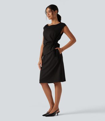 Boat Neck Sleeveless Tie Side Stripe Midi Work Dress with Pockets