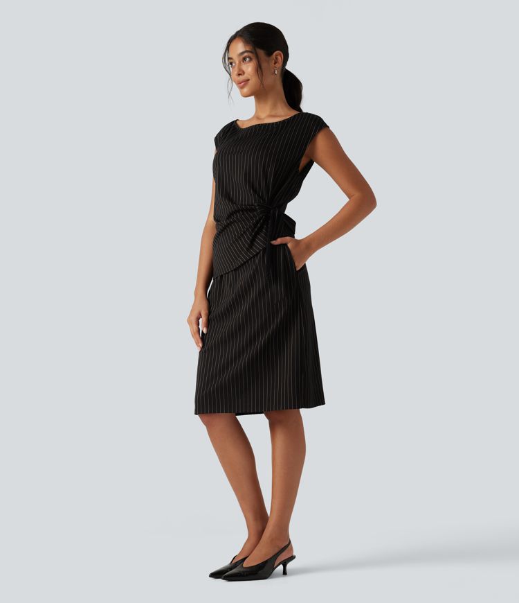Boat Neck Sleeveless Tie Side Stripe Midi Work Dress with Pockets