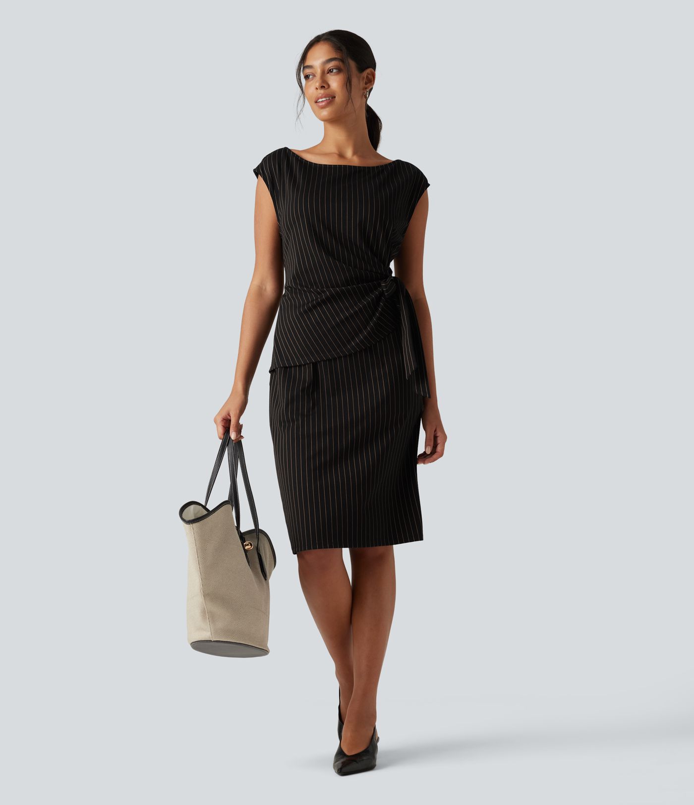 Boat Neck Sleeveless Tie Side Stripe Midi Work Dress with Pockets