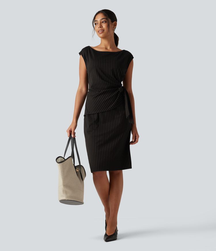 Boat Neck Sleeveless Tie Side Stripe Midi Work Dress with Pockets