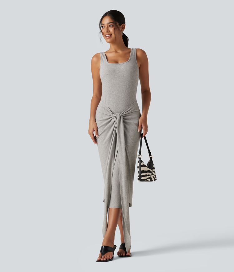 Ribbed Knit U Neck Sleeveless Heathered Bodycon Midi Casual Dress Ribbed Knit U Neck Sleeveless Heathered Bodycon Midi Casual Dress