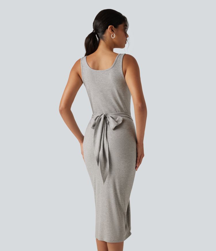 Ribbed Knit U Neck Sleeveless Heathered Bodycon Midi Casual Dress Ribbed Knit U Neck Sleeveless Heathered Bodycon Midi Casual Dress