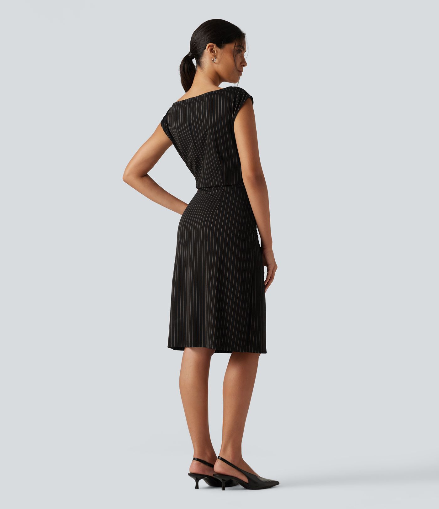Boat Neck Sleeveless Tie Side Stripe Midi Work Dress with Pockets