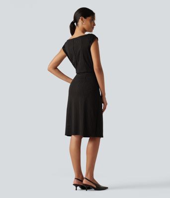 Boat Neck Sleeveless Tie Side Stripe Midi Work Dress with Pockets