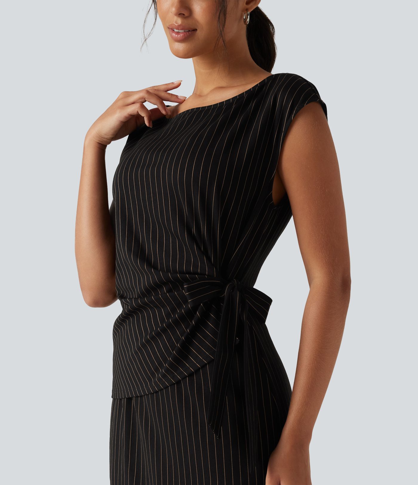 Boat Neck Sleeveless Tie Side Stripe Midi Work Dress with Pockets