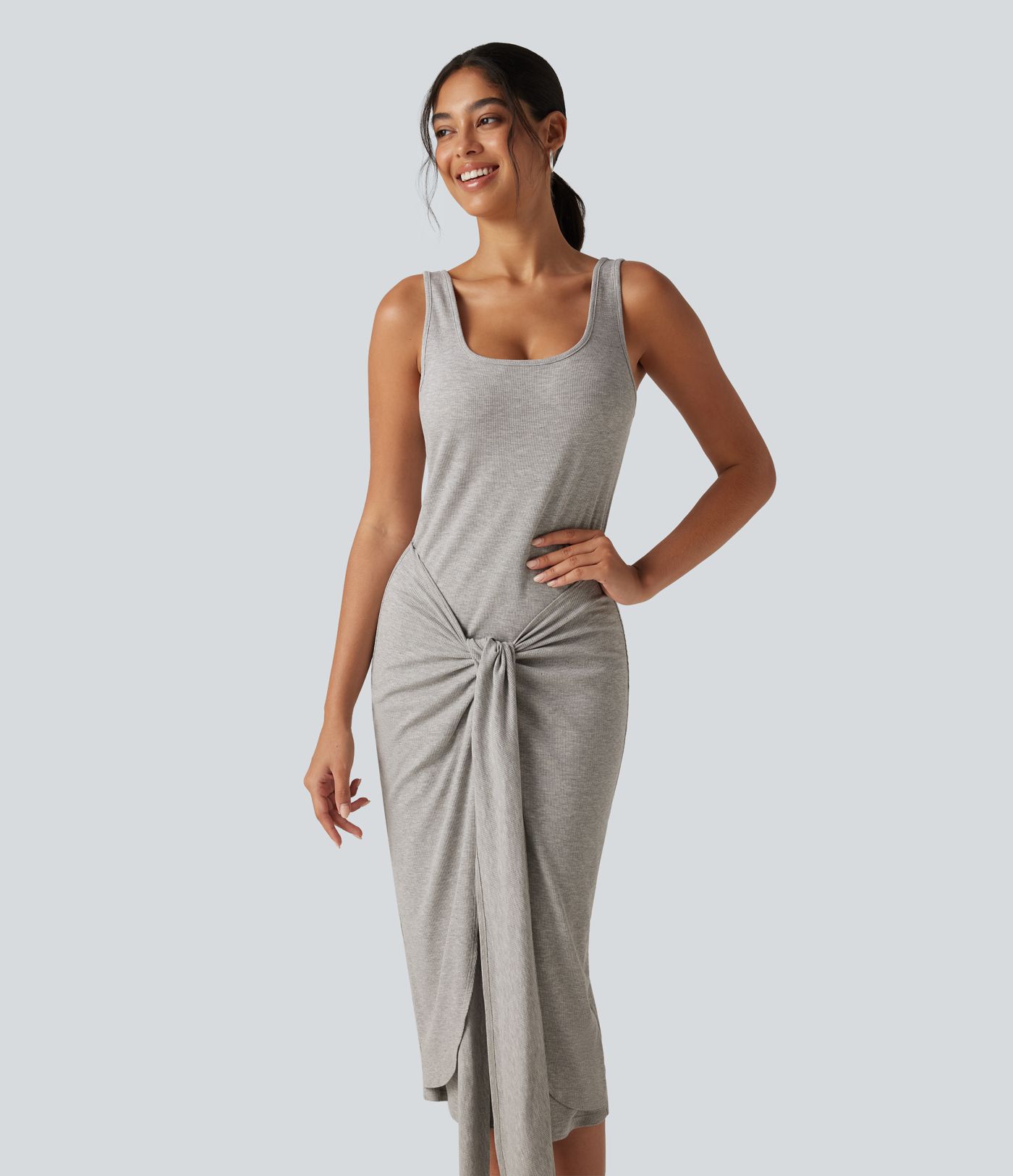 Ribbed Knit U Neck Sleeveless Heathered Bodycon Midi Casual Dress Ribbed Knit U Neck Sleeveless Heathered Bodycon Midi Casual Dress