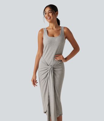 Ribbed Knit U Neck Sleeveless Heathered Bodycon Midi Casual Dress Ribbed Knit U Neck Sleeveless Heathered Bodycon Midi Casual Dress