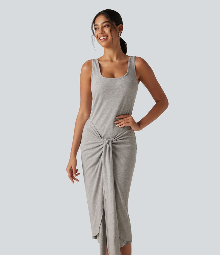 Ribbed Knit U Neck Sleeveless Heathered Bodycon Midi Casual Dress Ribbed Knit U Neck Sleeveless Heathered Bodycon Midi Casual Dress