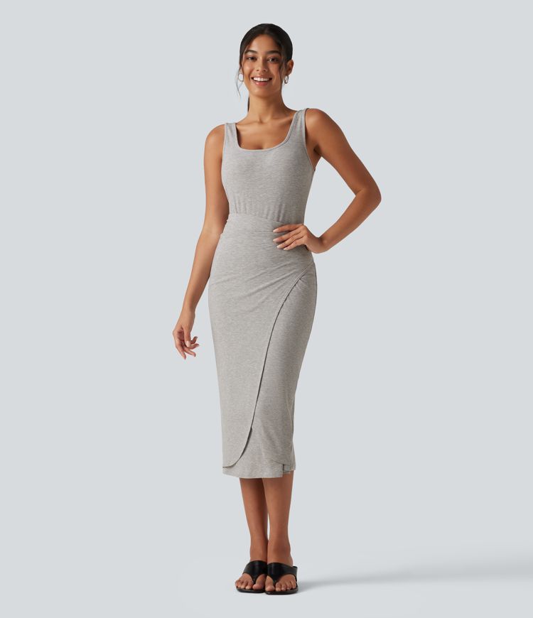 Ribbed Knit U Neck Sleeveless Heathered Bodycon Midi Casual Dress Ribbed Knit U Neck Sleeveless Heathered Bodycon Midi Casual Dress