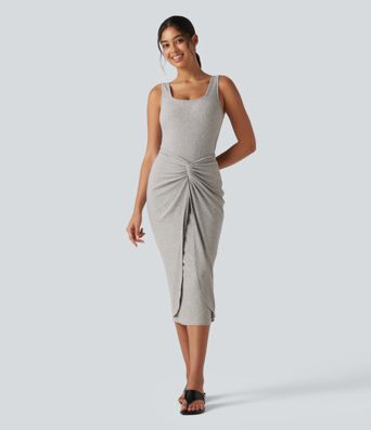 Ribbed Knit U Neck Sleeveless Heathered Bodycon Midi Casual Dress Ribbed Knit U Neck Sleeveless Heathered Bodycon Midi Casual Dress