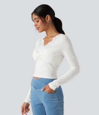 V‑Neck Lace Twisted Long Sleeve Casual Top